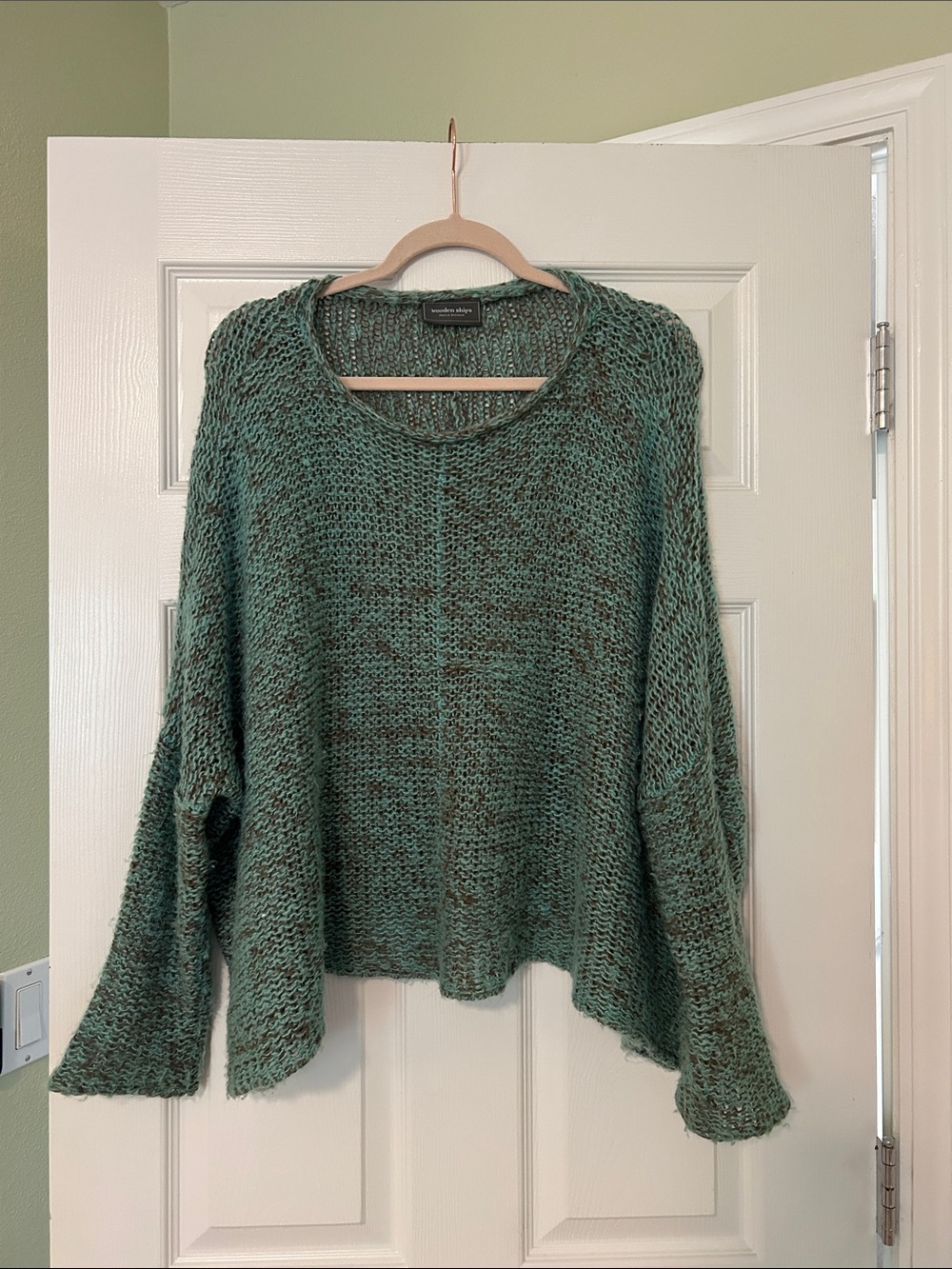 Wooden Ships Cropped Crew Lightweight Pullover in Turquoise/Brown M/L